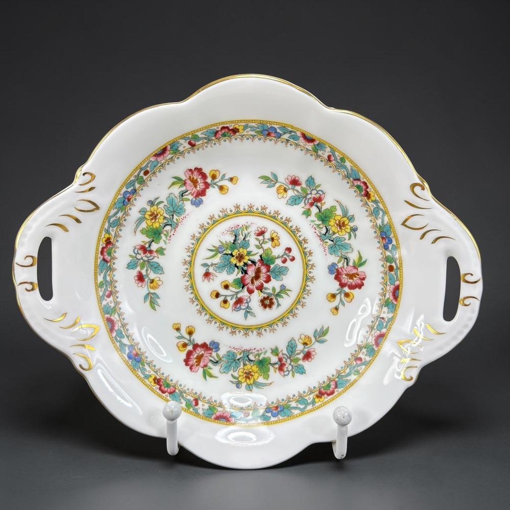 Coalport Ming Rose Bone China Handled Dish Plate Bread Tray Floral Gold Gilt 8in